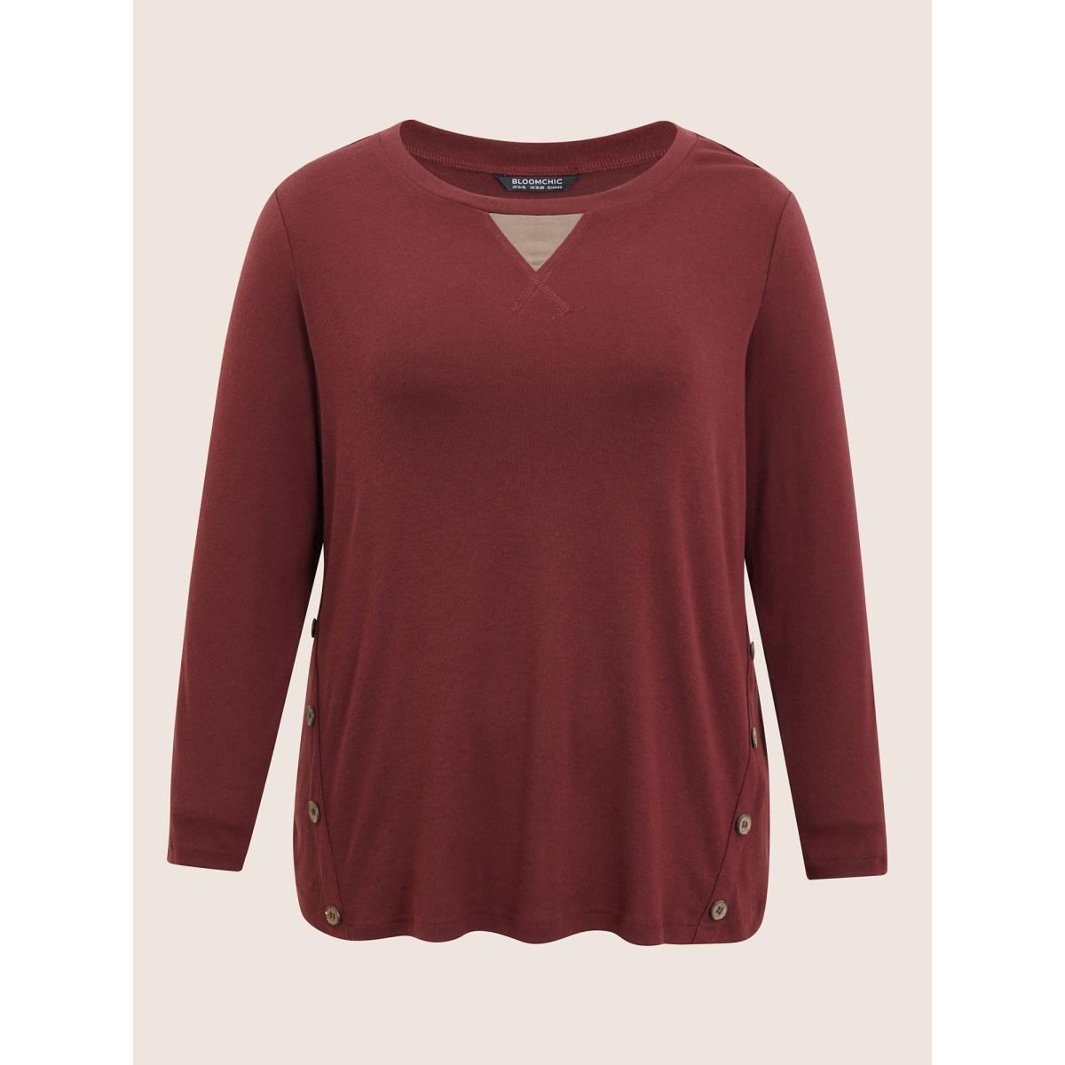 Plus Size Two Tone Patchwork Button Front T-shirt Burgundy Women Casual Contrast Plain Round Neck Dailywear T-shirts BloomChic 28/5X Product Image