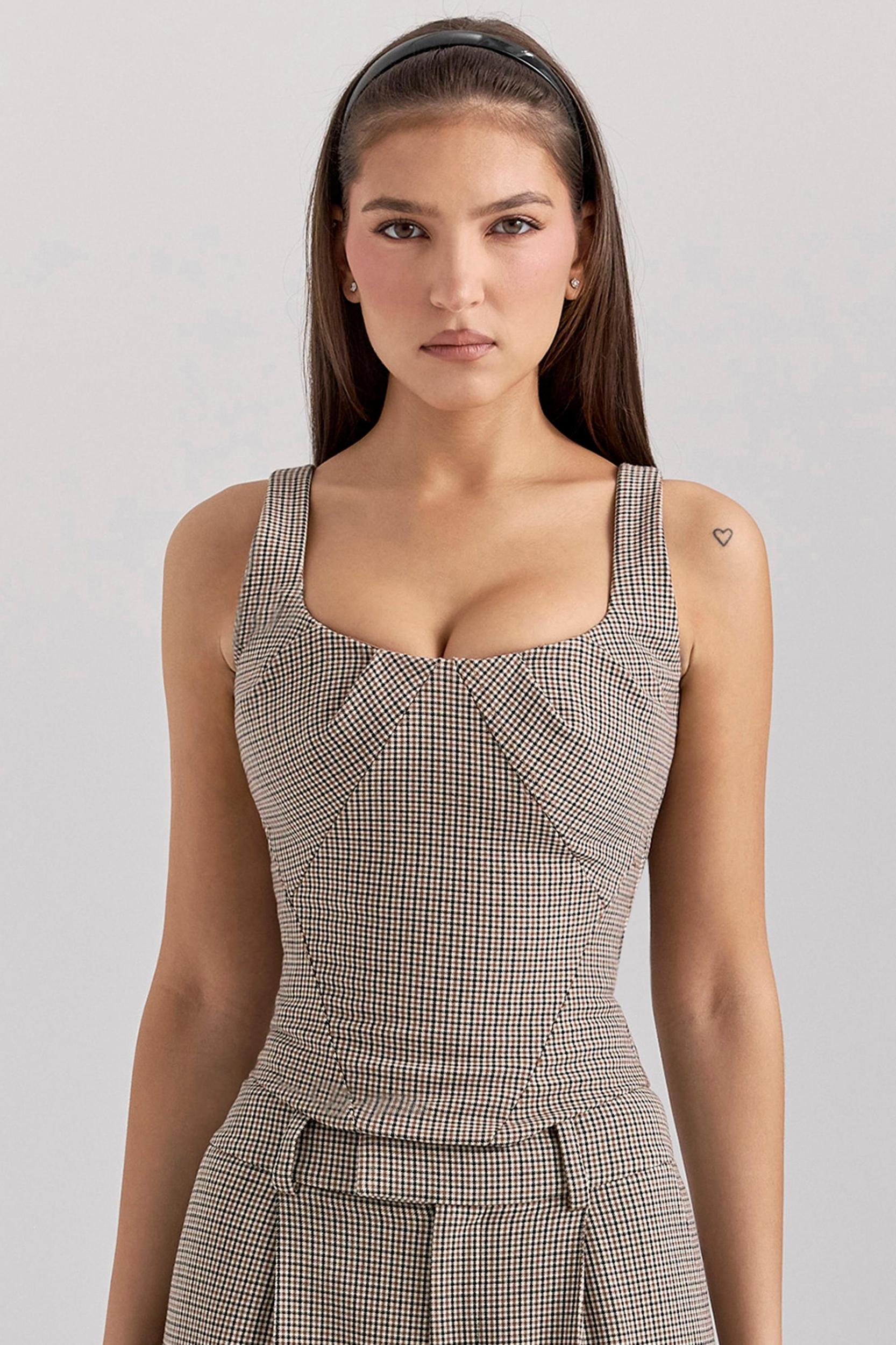 Selma  brown puppytooth boned corset top Product Image