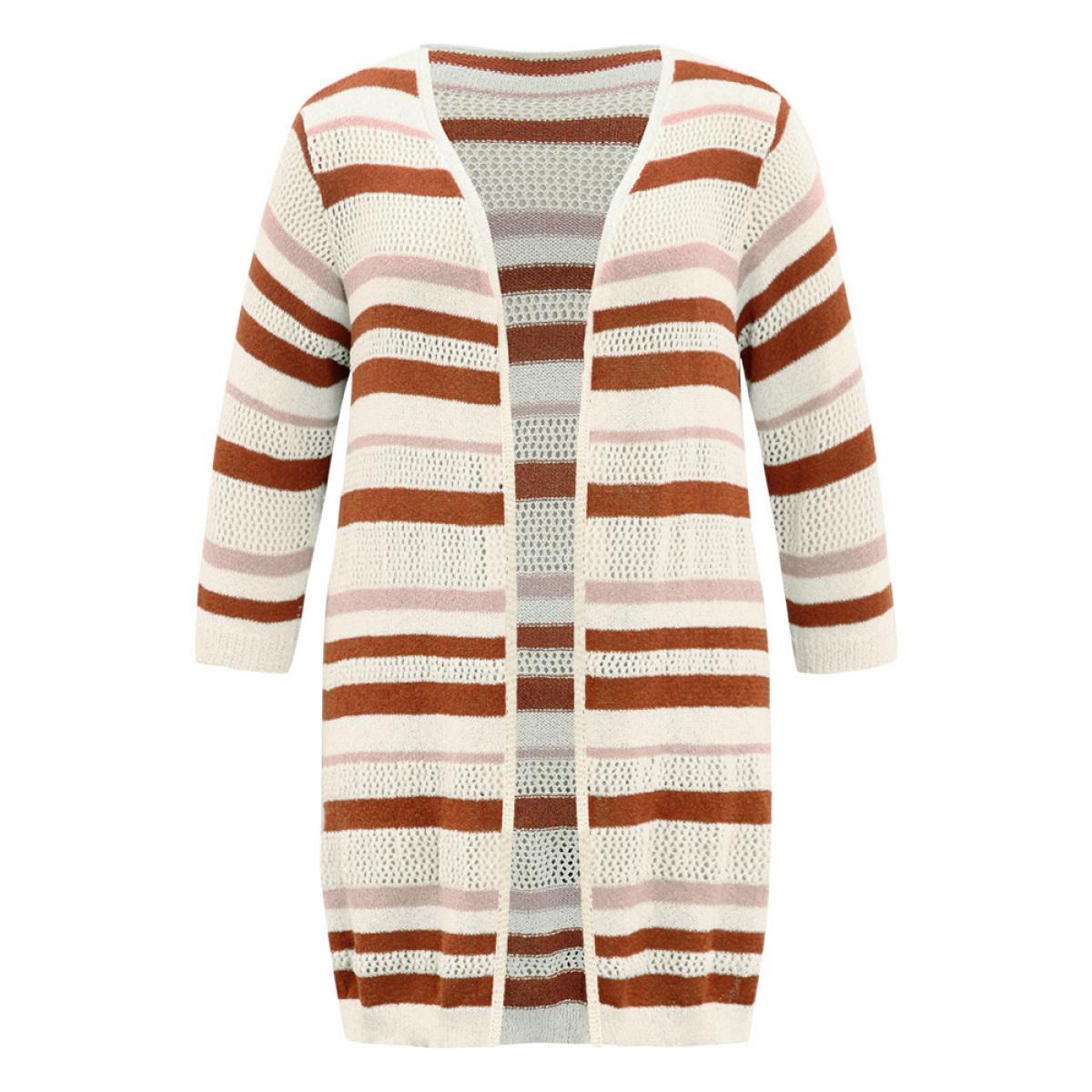 Plus Size Striped Hollow Out Open Front Split Hem Cardigan Multicolor Women Casual Loose Elbow-length sleeve Dailywear Cardigans BloomChic 22-24/3X Product Image