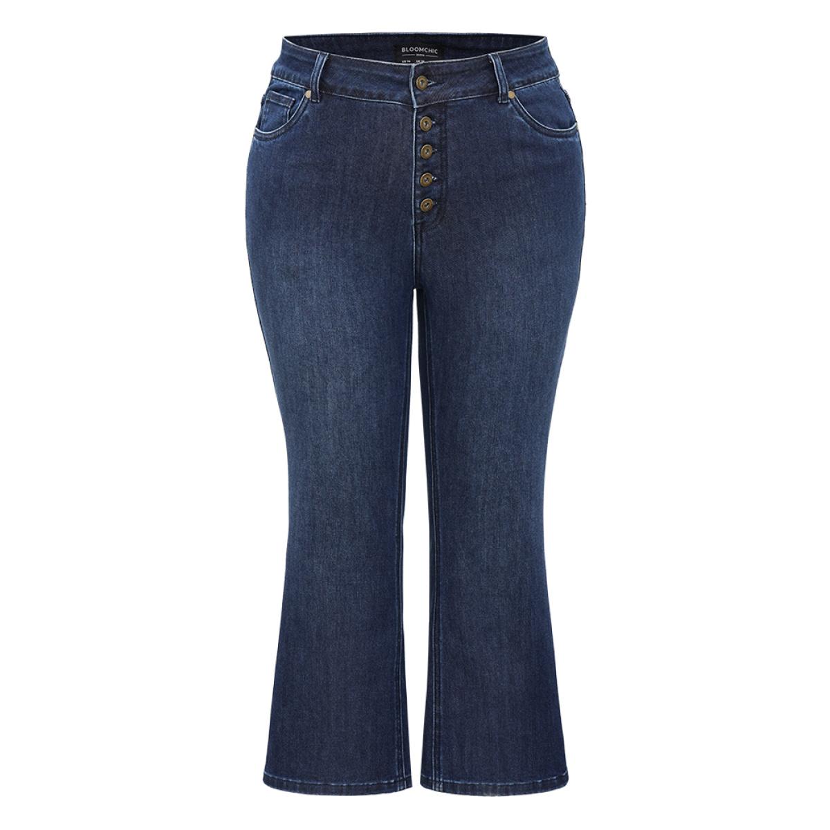Plus Size Plain Button Fly High Rise Bootcut Jeans Women DarkBlue Casual Plain Plain Medium stretch Pocket Jeans BloomChic 14/1X Product Image