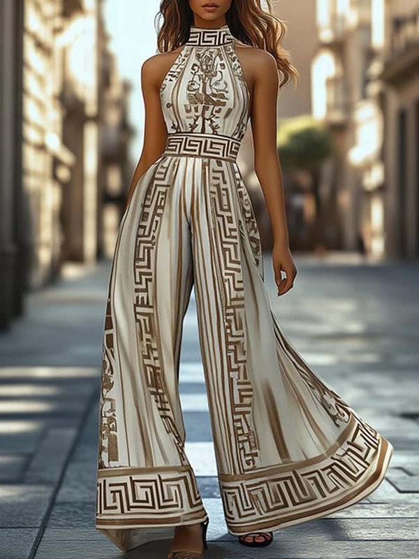 Sleeveless Wide Leg Printed Halter-Neck Jumpsuits Product Image