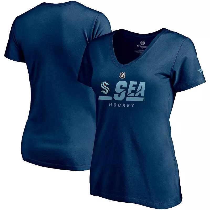 Women's Fanatics Branded Navy Seattle Kraken Authentic Pro Secondary Logo V-Neck T-Shirt, Size: Small, Krk Blue Product Image