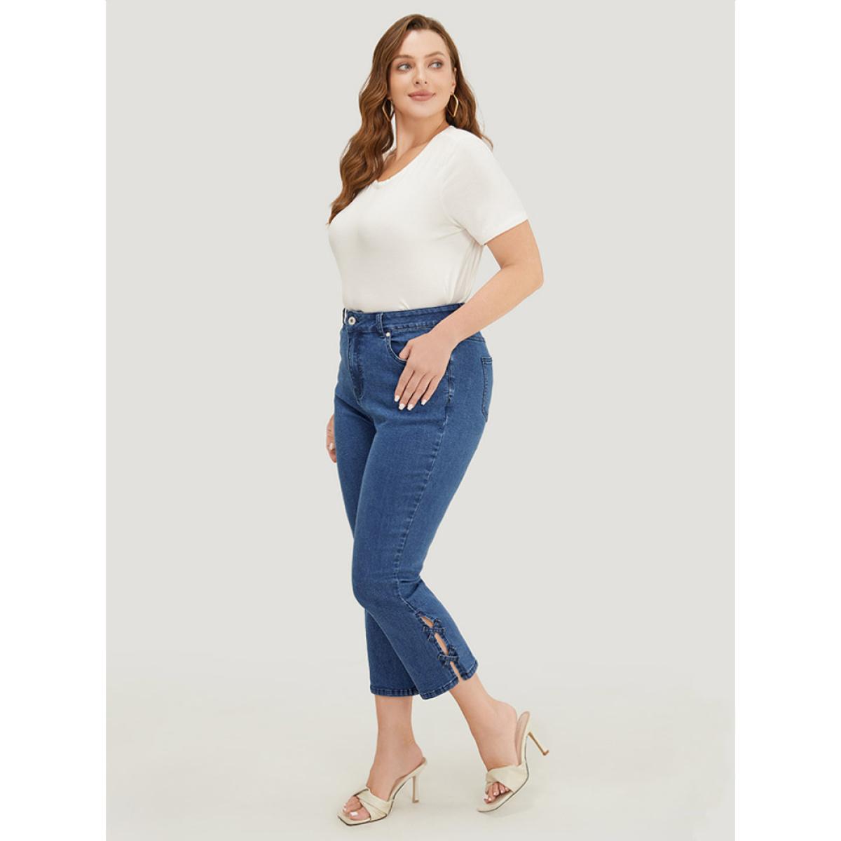 Plus Size Very Stretchy Medium Wash Patched Detail Cut Out Jeans Women Blue Casual Plain Cut-Out High stretch Pocket Jeans BloomChic 12/L Product Image