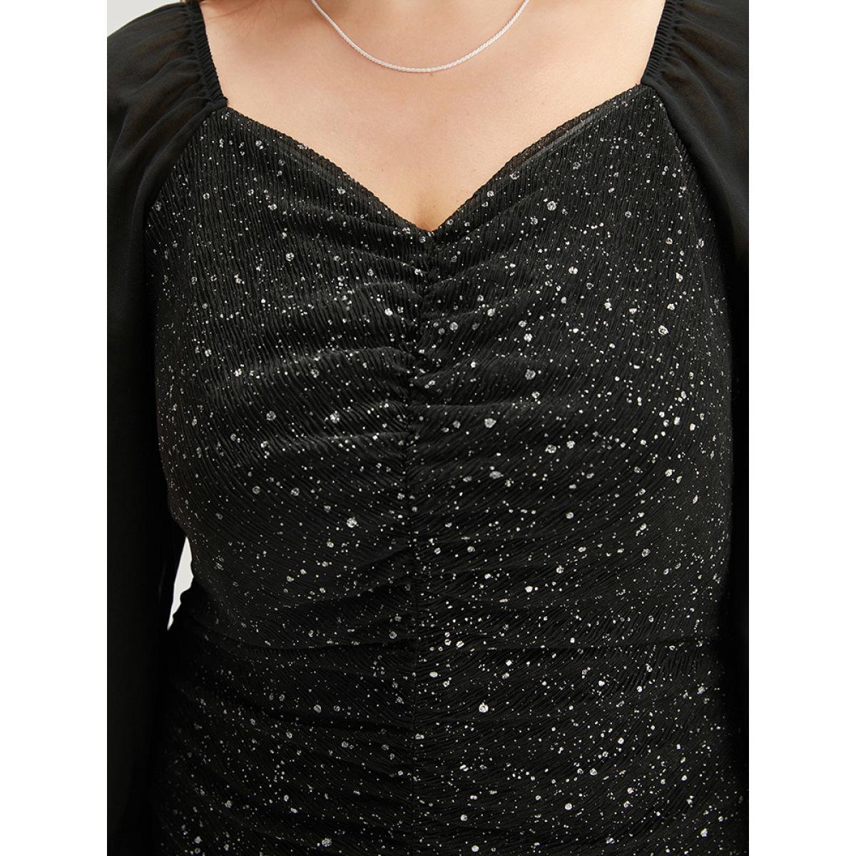 Plus Size Glitte Chiffon Square Neck Ruched Dress Black Women Party Gathered Square Neck Long Sleeve Curvy Knee Dress BloomChic 30/6X Product Image