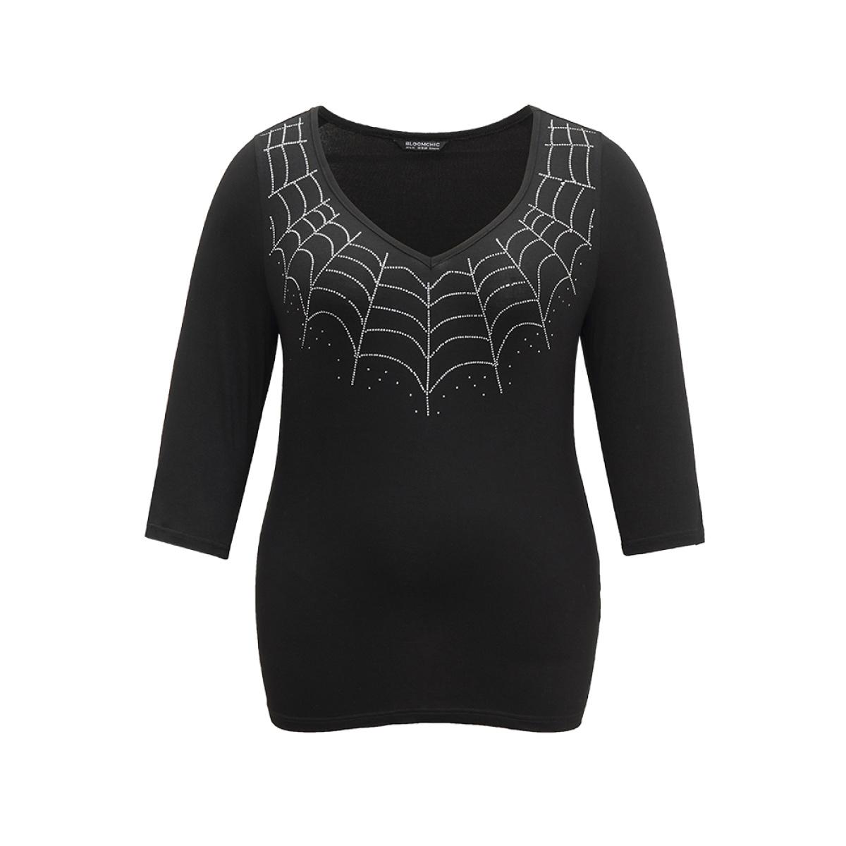 Plus Size Supersoft Essentials Halloween Graphic Rhinestone T-shirt Black Women Casual Rhinestone detailing Graphic-Halloween V-neck Festival-Halloween T-shirts BloomChic 26/4X Product Image