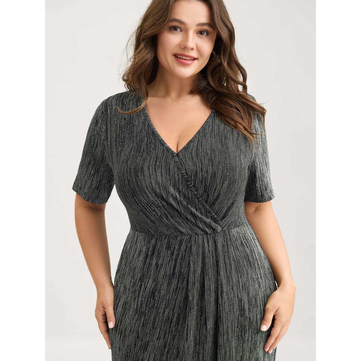 Plus Size Stretchy Asymmetrical Hem Surplice Midi Dress Black Women Office Overlapping Overlap Collar Short sleeve Curvy BloomChic 12/L Product Image