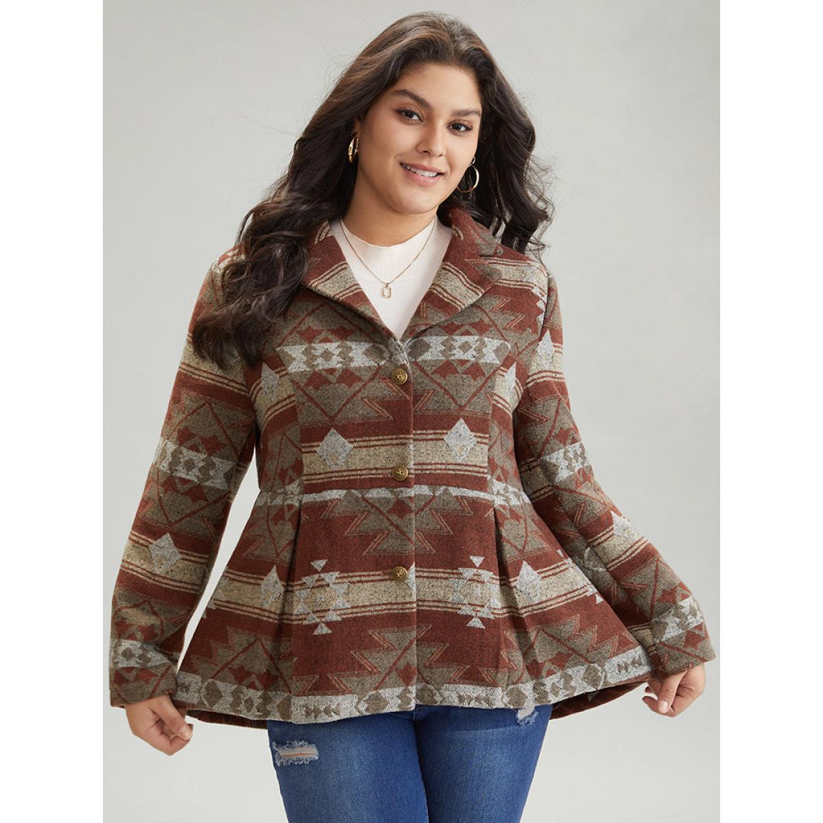 Plus Size Geometric Boho Print Pleated Pocket Coat Women Multicolor Casual Lined Ladies Dailywear Winter Coats BloomChic 28/5X Product Image