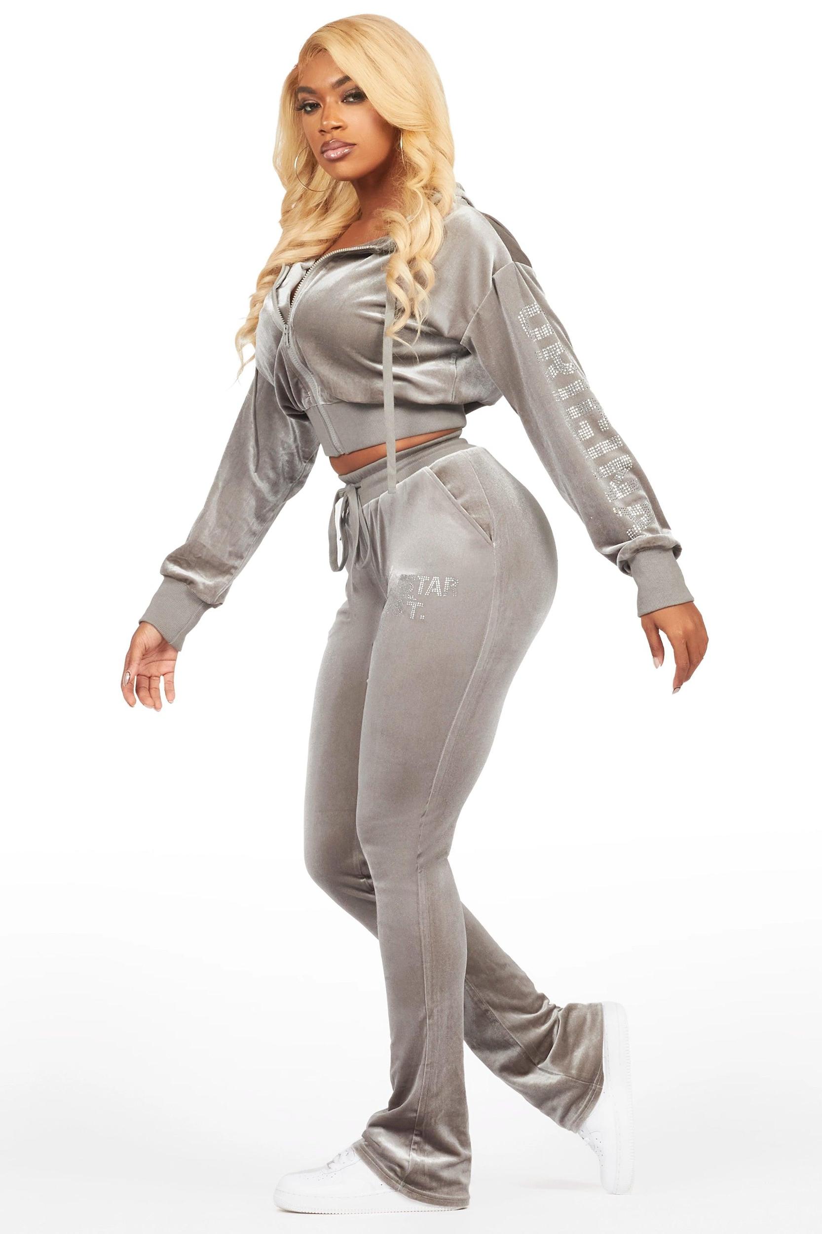 Shakura Grey Stacked Rhinestone Velour Trackset Female Product Image