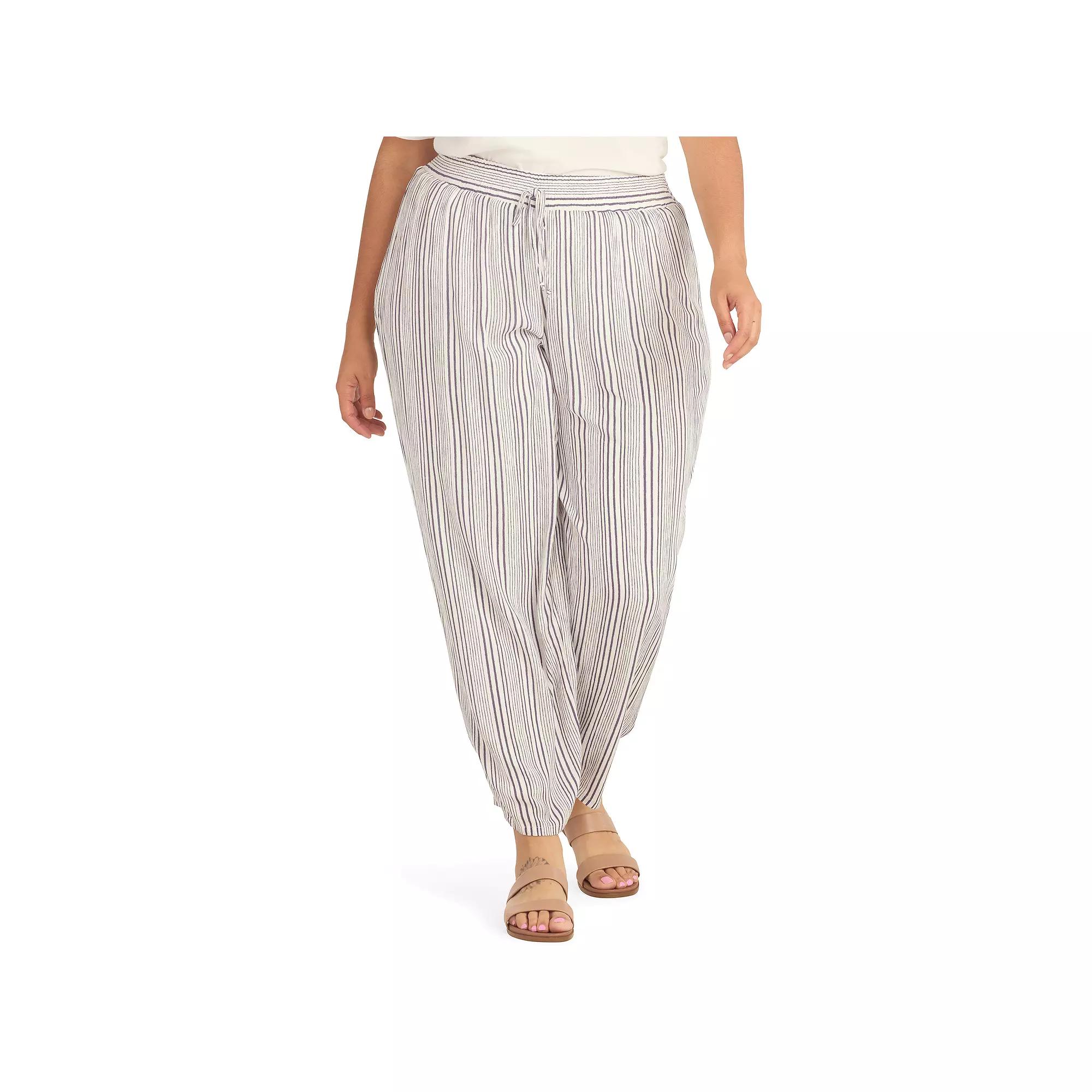 Plus Size AB Studio Elastic Waist With Faux Tie Pull On Pants, Womens Blue Ow Stripe Product Image