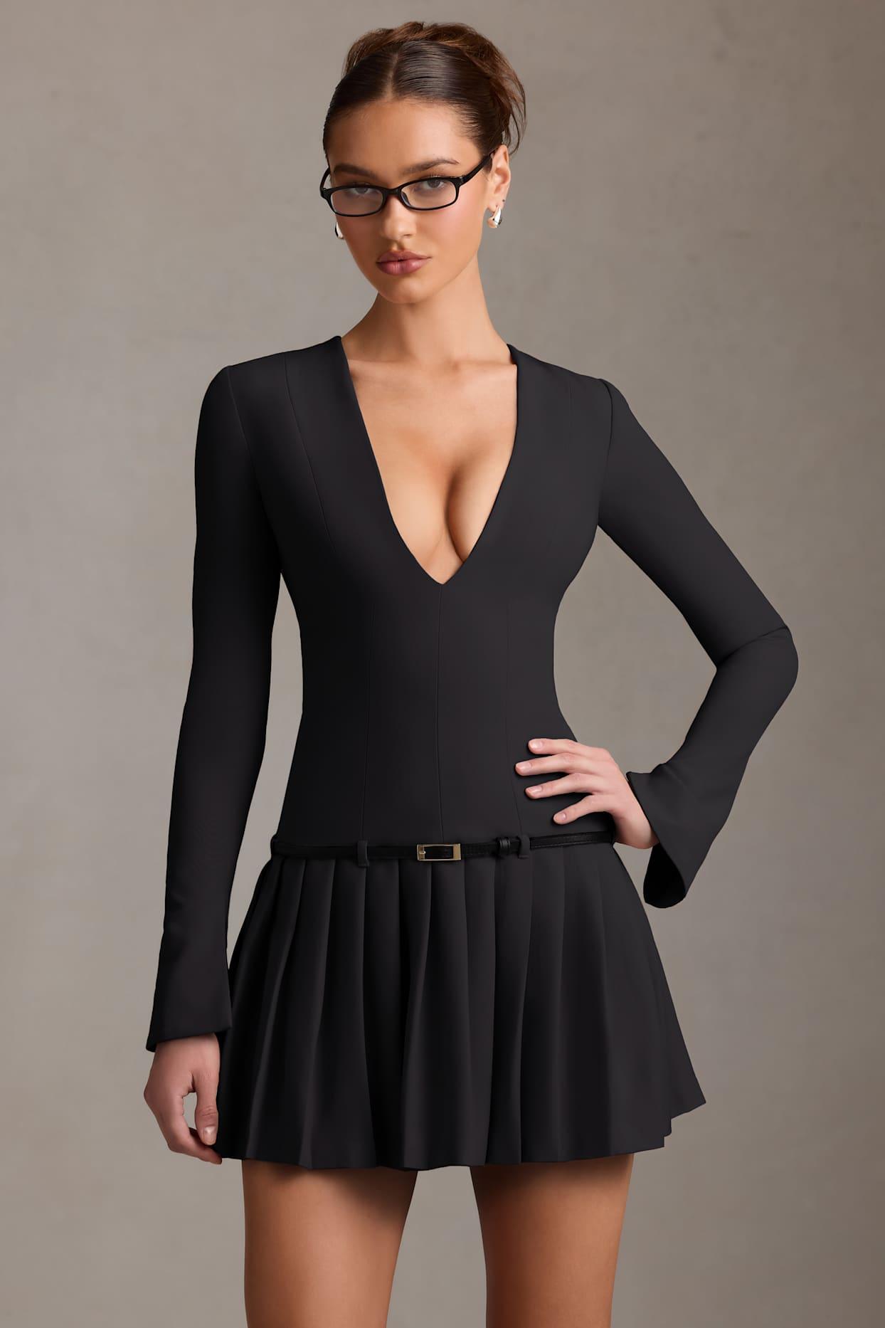 Long-Sleeve Pleated Mini Dress in Black Product Image