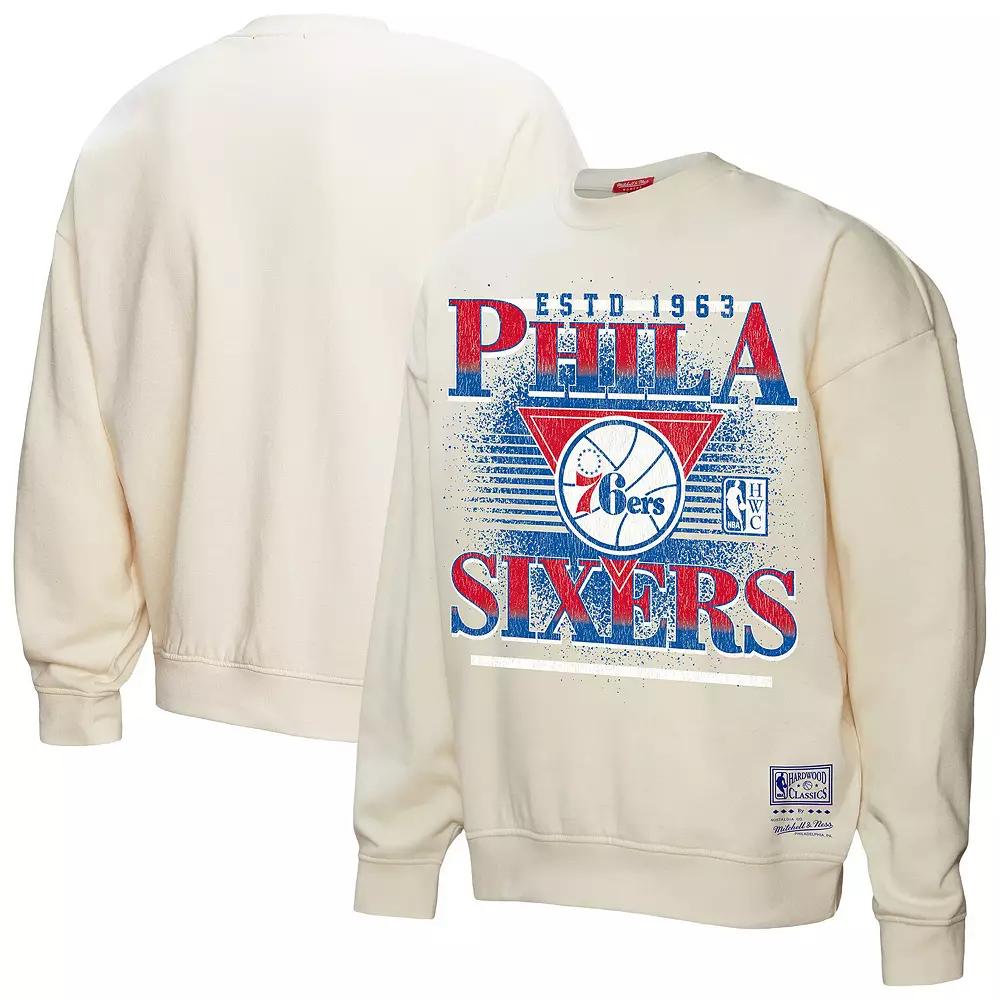 Women's Mitchell & Ness Cream Philadelphia 76ers Oversprayed Pullover Sweatshirt,  Product Image