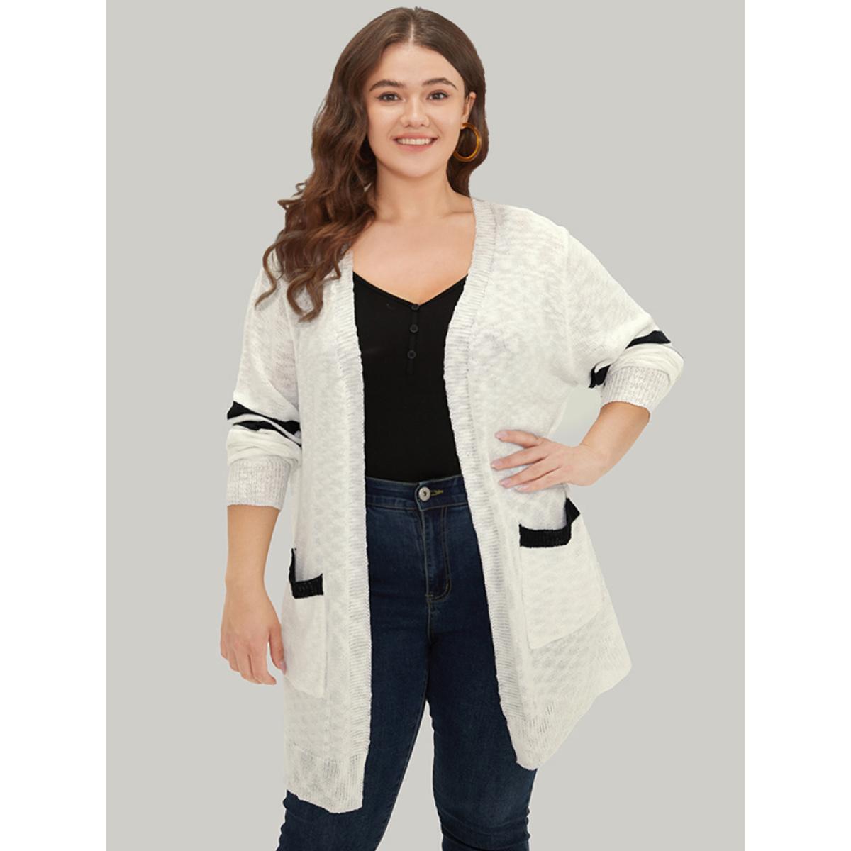 Plus Size Contrast Patched Pocket Open Front Cardigan White Women Casual Loose Long Sleeve Everyday Cardigans BloomChic 12/L Product Image