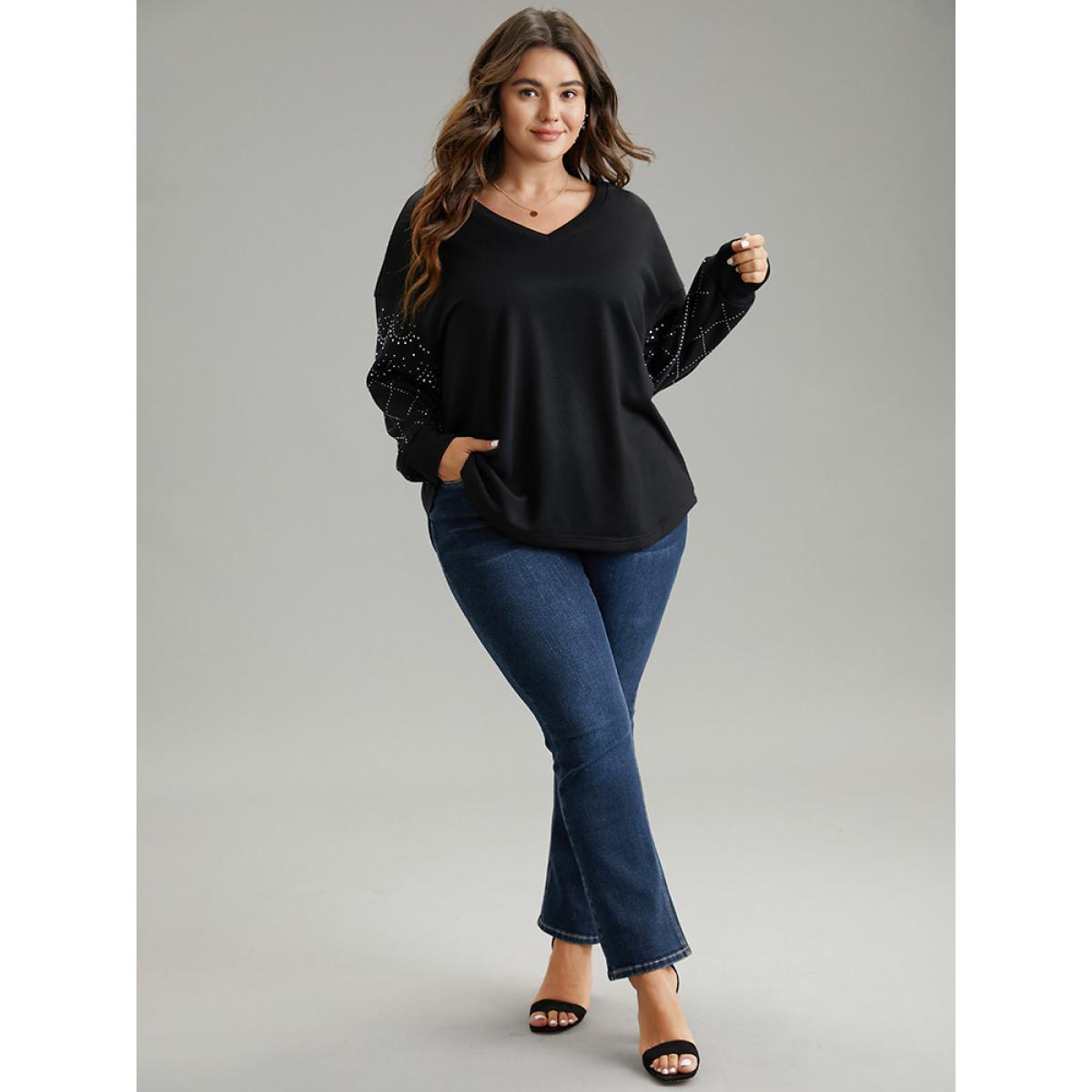 Plus Size Rhinestone Plain Drop Shoulder Sweatshirt Women Black Elegant Rib Knit V-neck Dailywear Sweatshirts BloomChic 18-20/2X Product Image