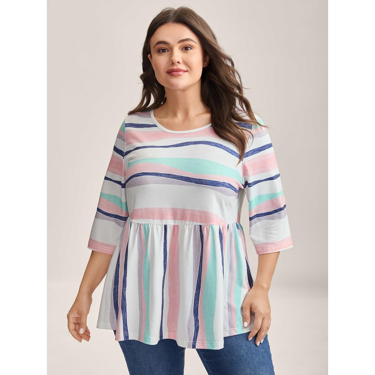 Plus Size Color Contrast Seven-Quarter Sleeve T-Shirt Multicolor Women Gathered Round Neck Casual T-shirts BloomChic 18-20/2X Product Image