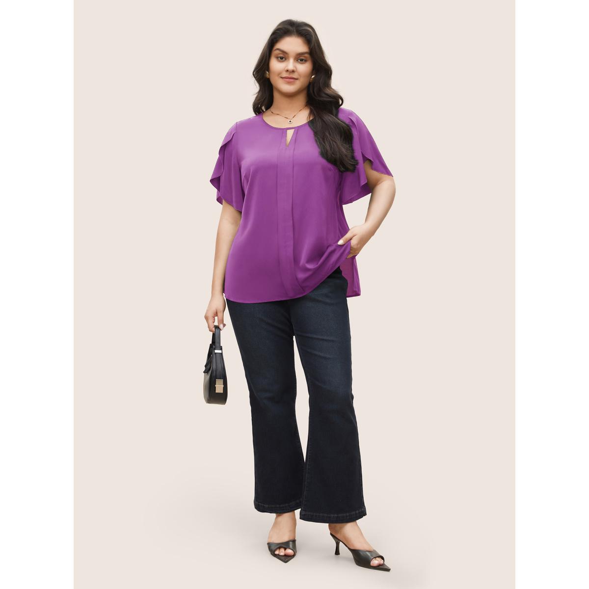 Plus Size Purple Solid Keyhole Petal Sleeve Pleated Blouse Women Work From Home Short sleeve Notched collar Work Blouses BloomChic 28/5X Product Image