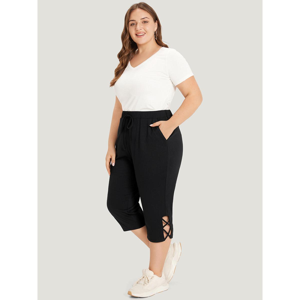 Plain Slant Pocket Crisscross Hem Skinny Sweatpants Black Plus Size Women Casual Dailywear Cross straps 14-16/1X Bloomchic Product Image