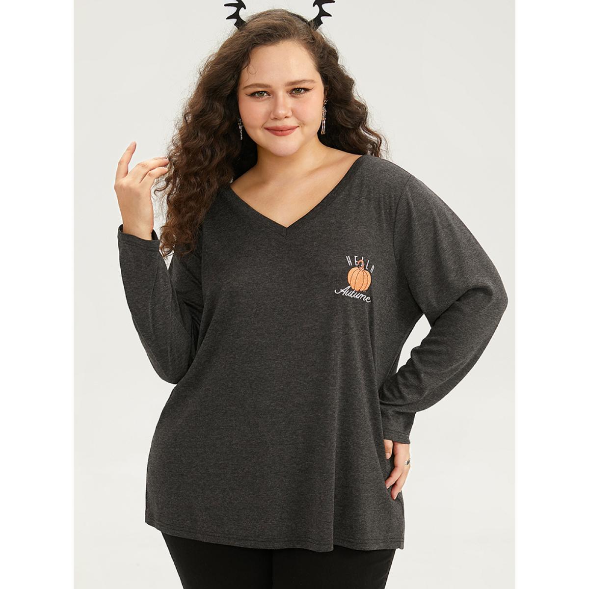 Plus Size Halloween Pumpkin Embroidered V Neck T-shirt DimGray Women Casual Embroidered Graphic-Halloween Festival-Halloween T-shirts BloomChic 26/4X Product Image