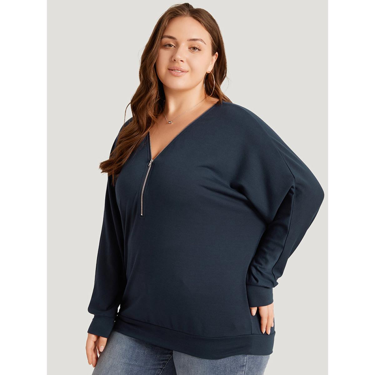 Plus Size Plain Zipper Half Elastic Cuffs Batwing Sleeve Sweatshirt Women Indigo Casual Elastic cuffs V-neck Dailywear Sweatshirts BloomChic 26/4X Product Image