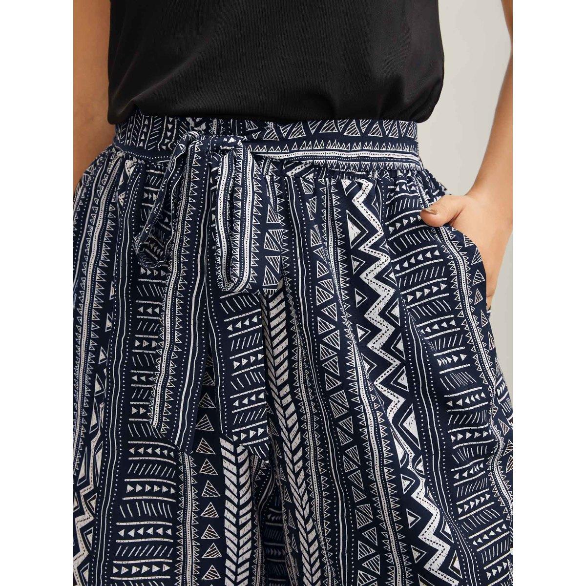 Plus Size Waist-Tie Wide-Leg Boho Print Pants Women Indigo Leisure Wide Leg Mid Rise Casual Pants BloomChic 18-20/2X Product Image