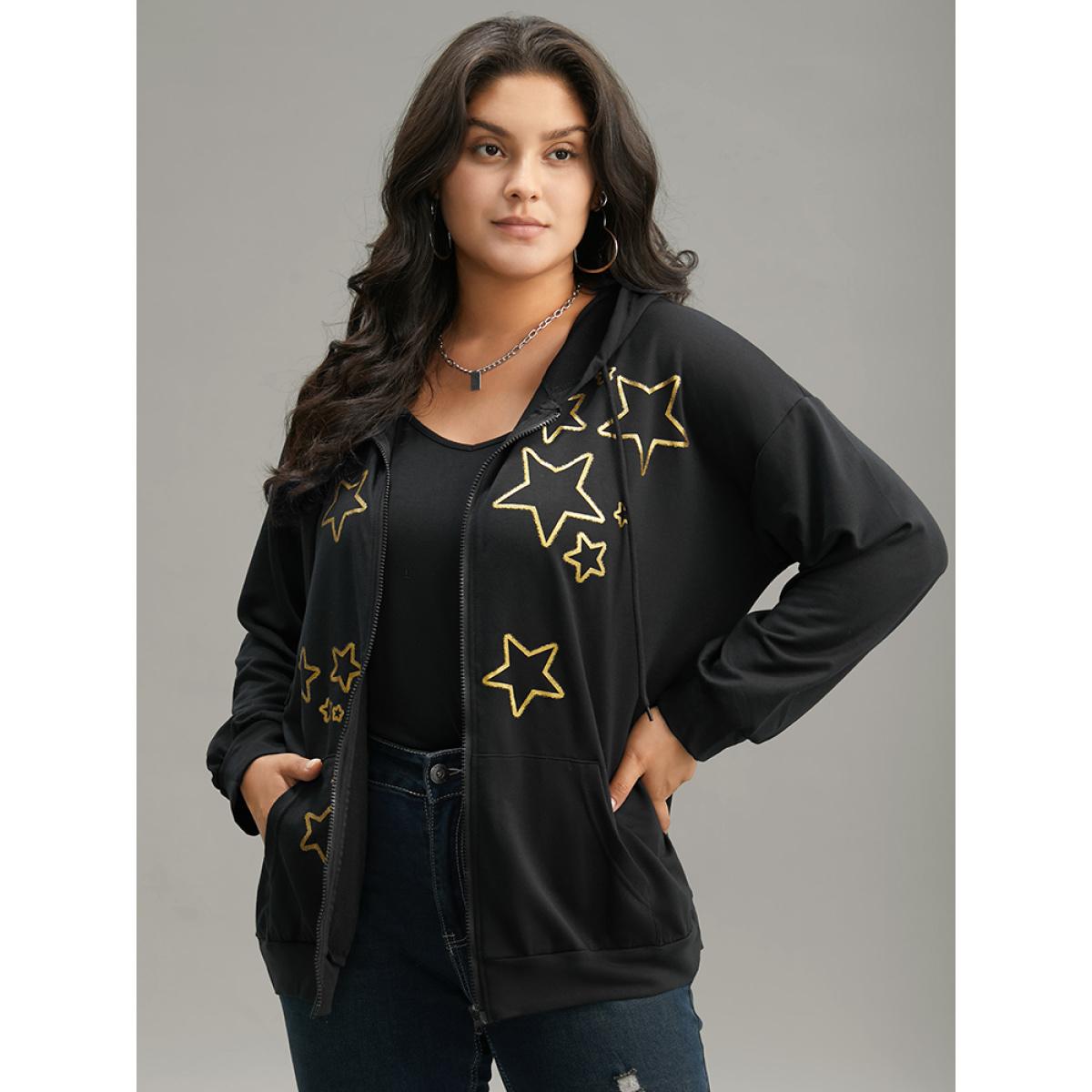Plus Size Star Zipper Pocket Hooded Sweatshirt Women Black Casual Printed Hooded Dailywear Sweatshirts BloomChic 28/5X Product Image