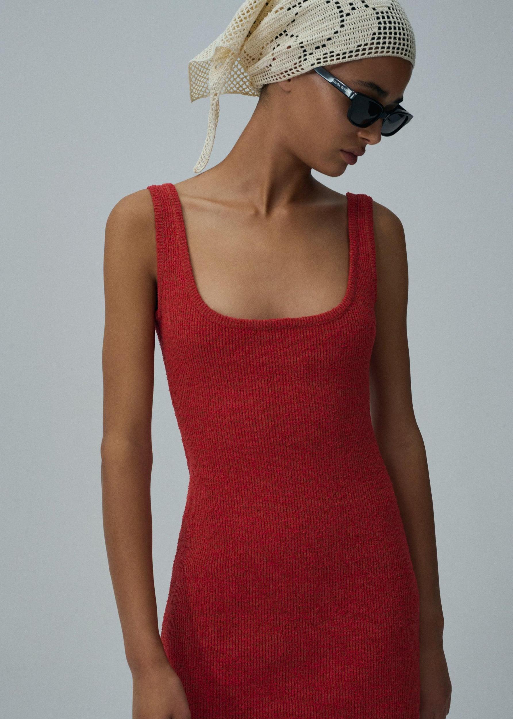 Lace detail knit mini dress in red Product Image