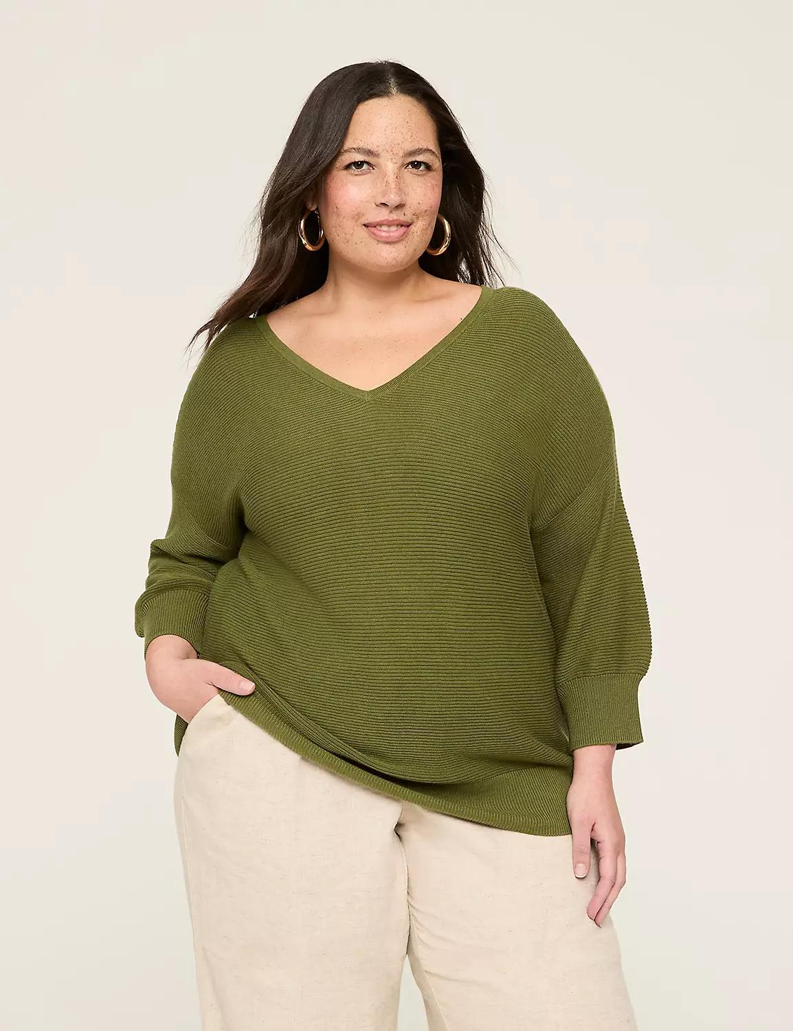 3/4-Sleeve V-Neck Ribbed Sweater Product Image