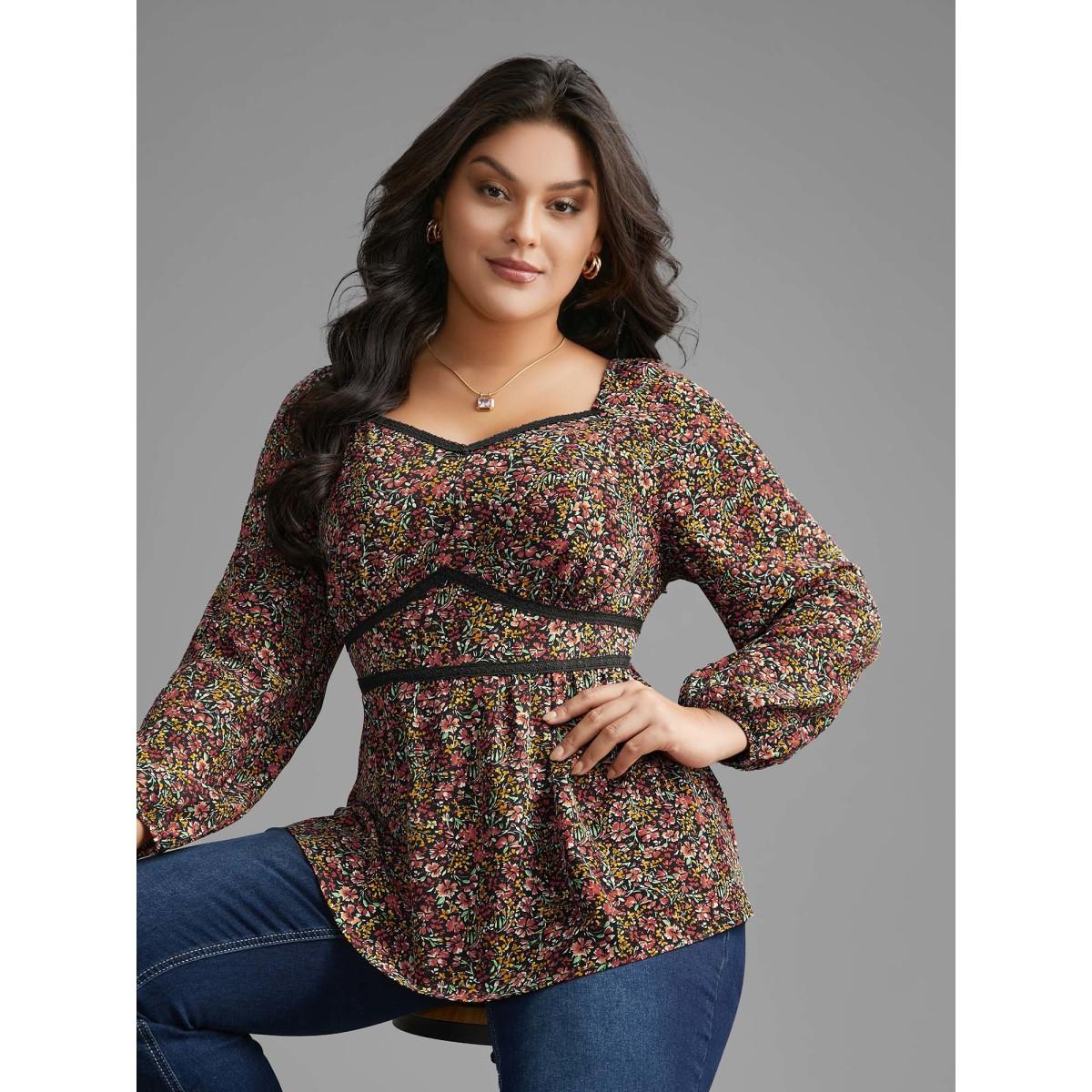 Plus Size Black Ditsy Floral Woven Ribbon Gathered Blouse Women Elegant Long Sleeve Heart neckline Everyday Blouses BloomChic 12/L Product Image