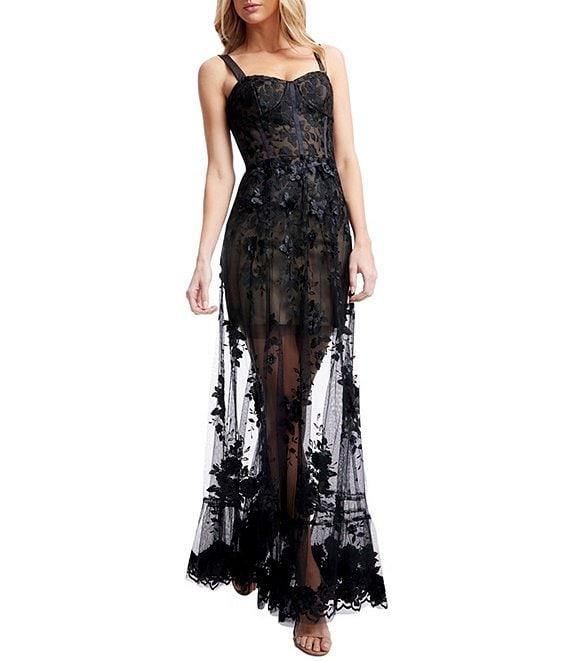 Dress the Population Anabel Embroidered 3D Floral Sweetheart Neck Sleeveless Sheer Skirt A-Line Gown Product Image