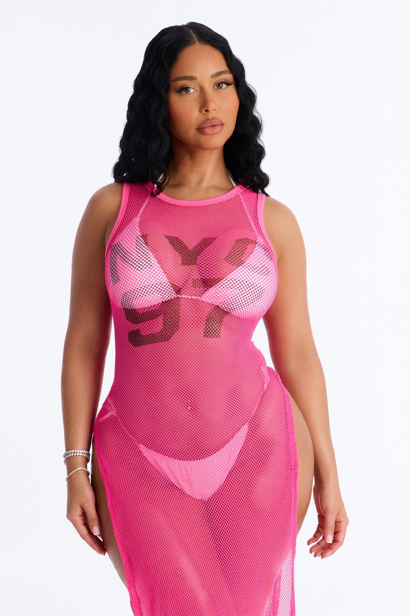 Poolside Chilling Fishnet Cover Up Dress - Pink Female Product Image