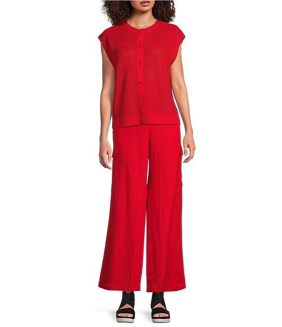 Eileen Fisher Organic Linen Cotton Ribbed Crew Neck Cap Sleeve Button-Front Boxy Vest Product Image