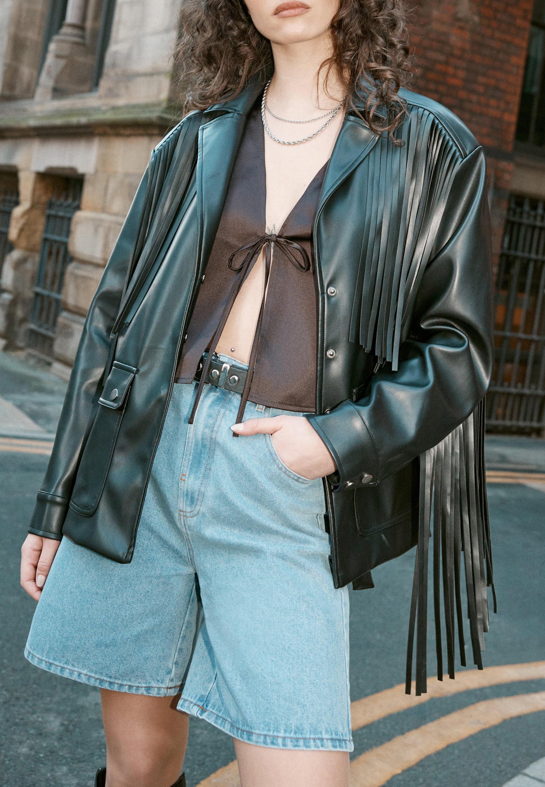 Fringe Faux Leather Belted Jacket Product Image