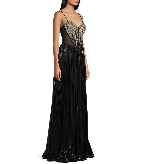Jovani Metallic Sweetheart Neck Beaded Corset Bodice Spaghetti Strap A-Line Dress Product Image