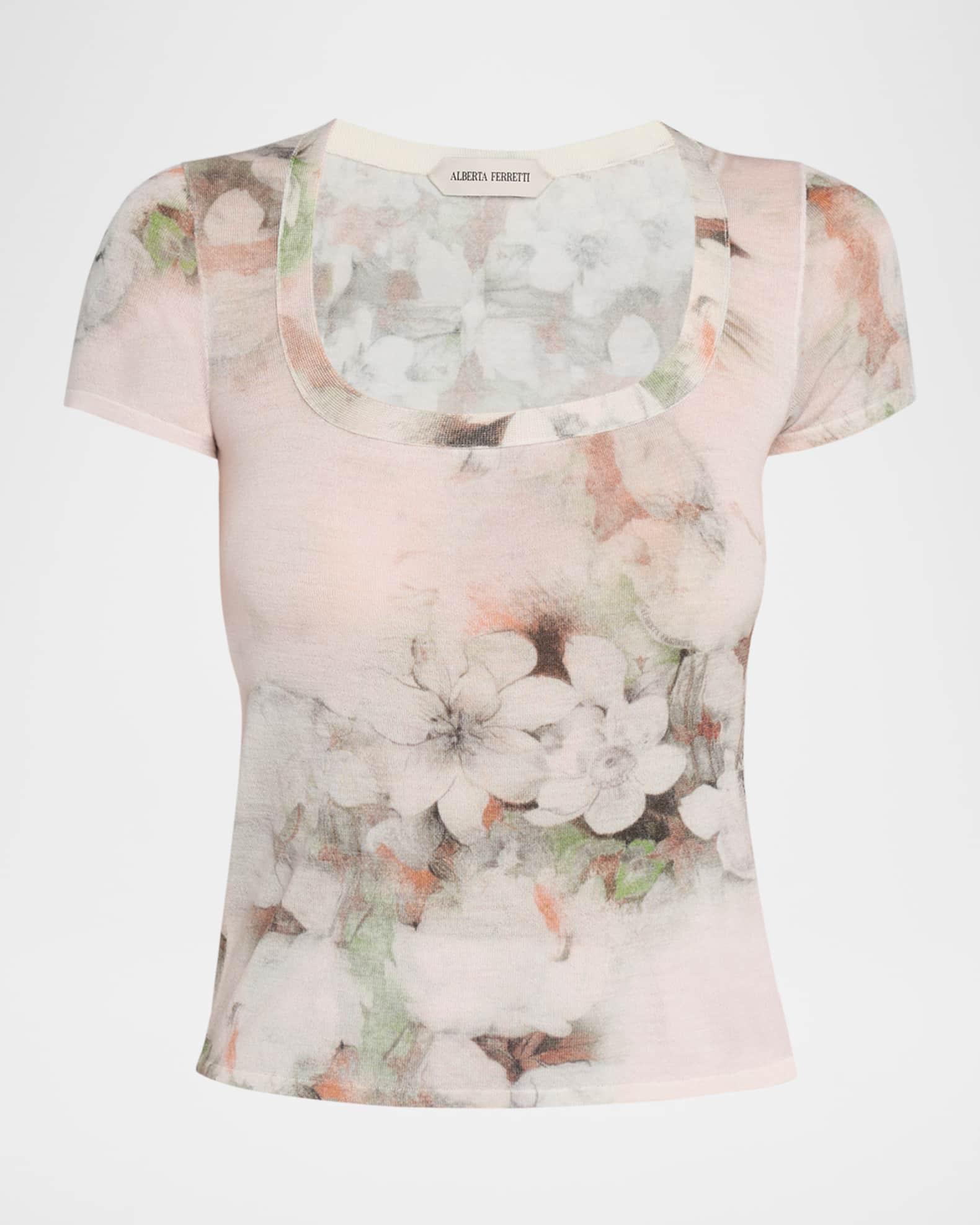 Floral-Print Lightweight Merino Wool Short-Sleeve Sweater Product Image