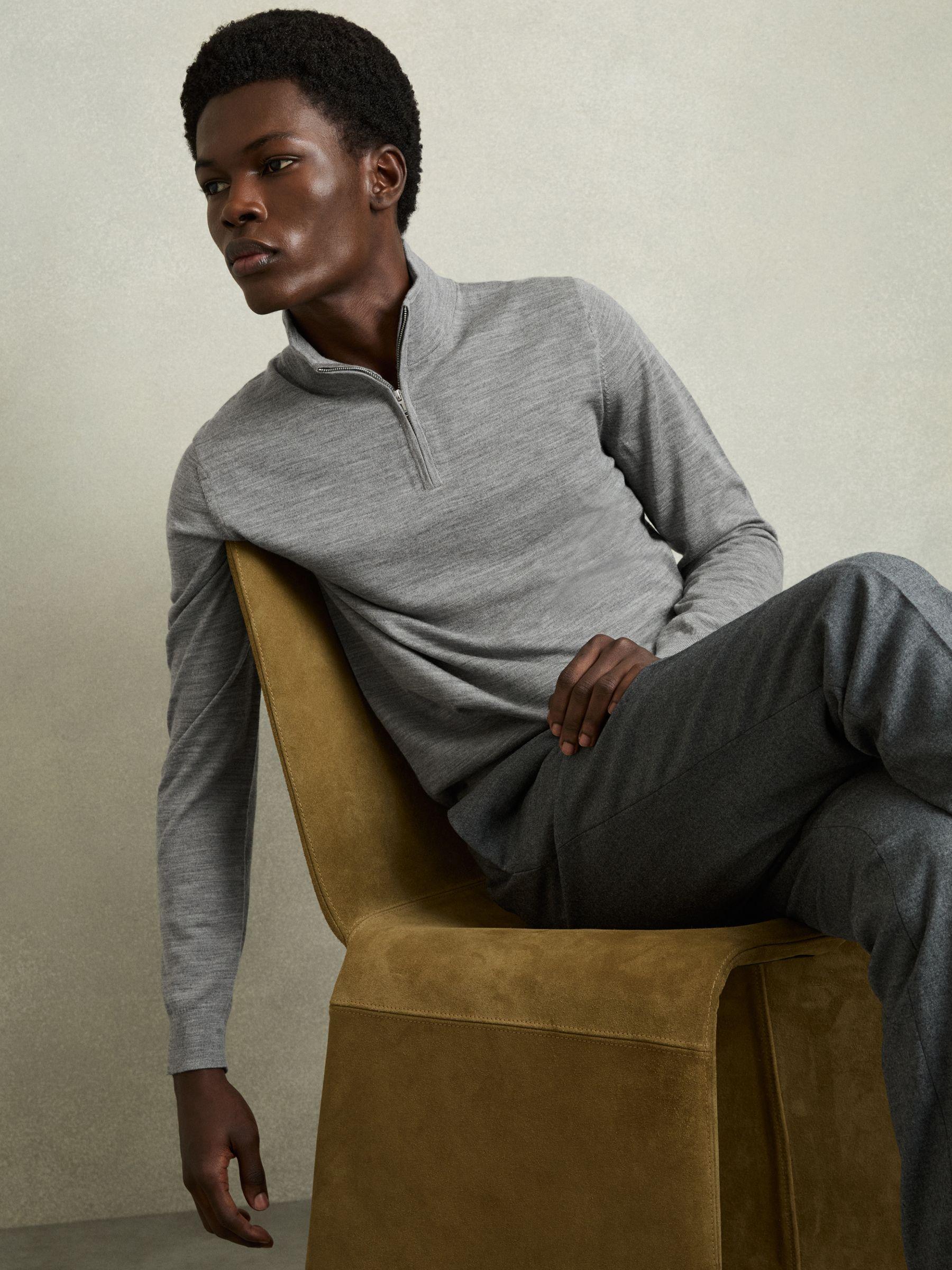 Merino Wool Half-Zip Funnel Neck Jumper in Warm Grey Melange Product Image