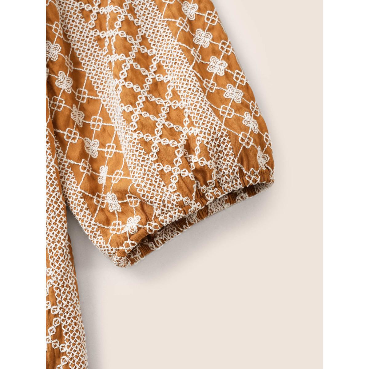 Plus Size OrangeRed Boho Print Embroidered Eyelet Lace Knot Neck Blouse Women Resort Elbow-length sleeve Flat collar with V-notch Vacation Blouses BloomChic 14-16/1X Product Image