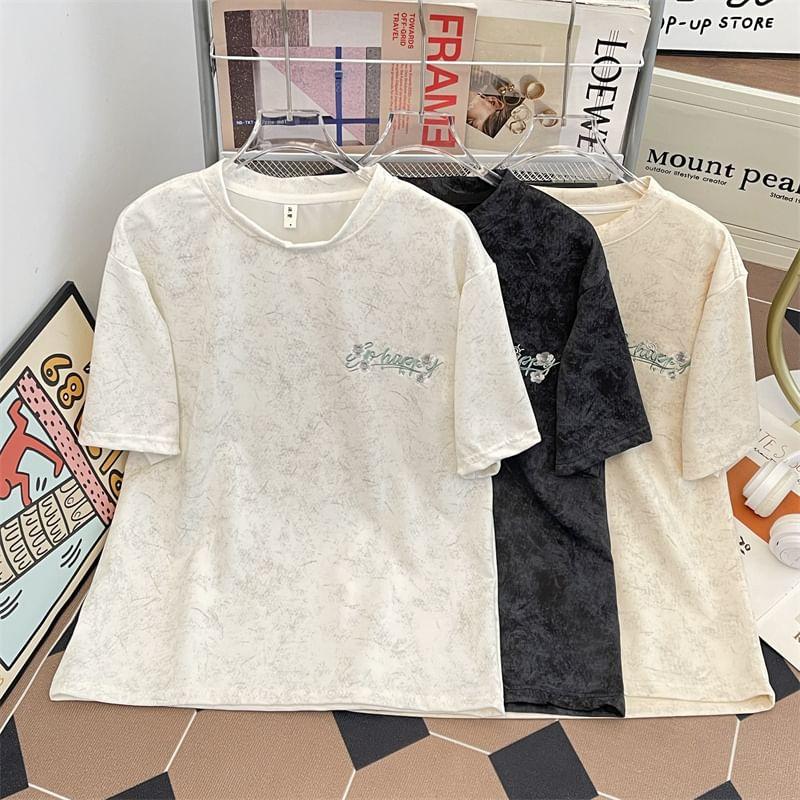 Short-Sleeve Round Neck Lettering Embroidered T-Shirt Product Image
