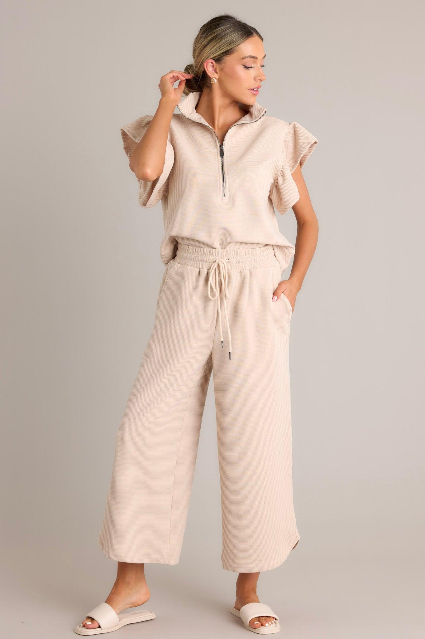 Sand Dune Tan Ribbed Wide Leg Pants Product Image