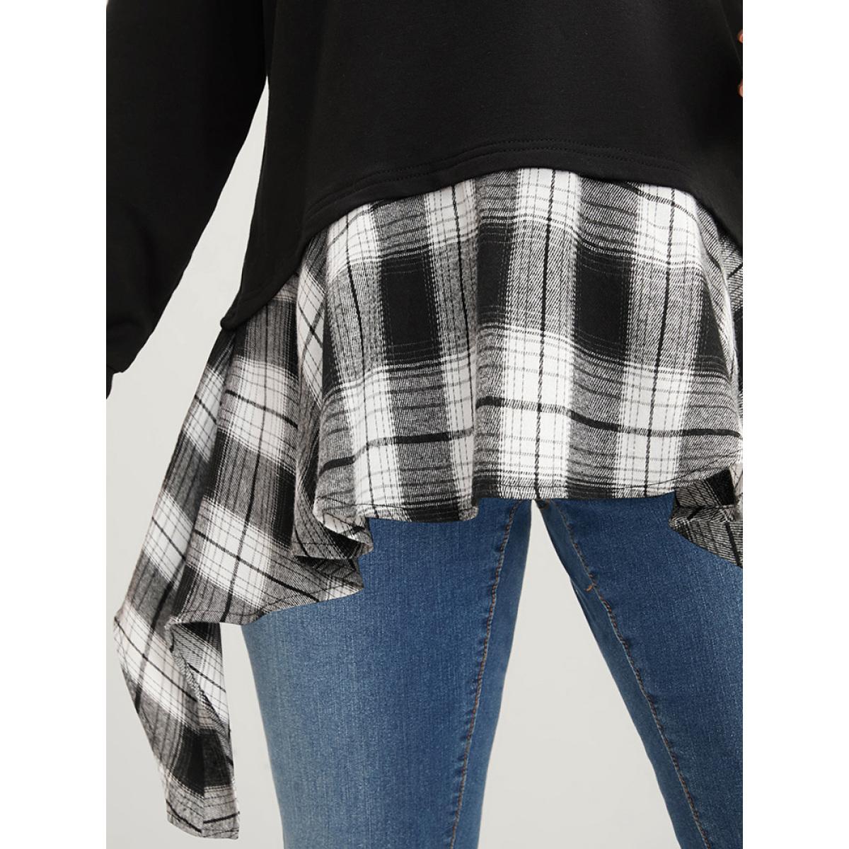Plus Size Tartan Patchwork Round Neck Asymmetrical Hem Sweatshirt Women Black Elegant Patchwork Round Neck Dailywear Sweatshirts BloomChic 14-16/1X Product Image
