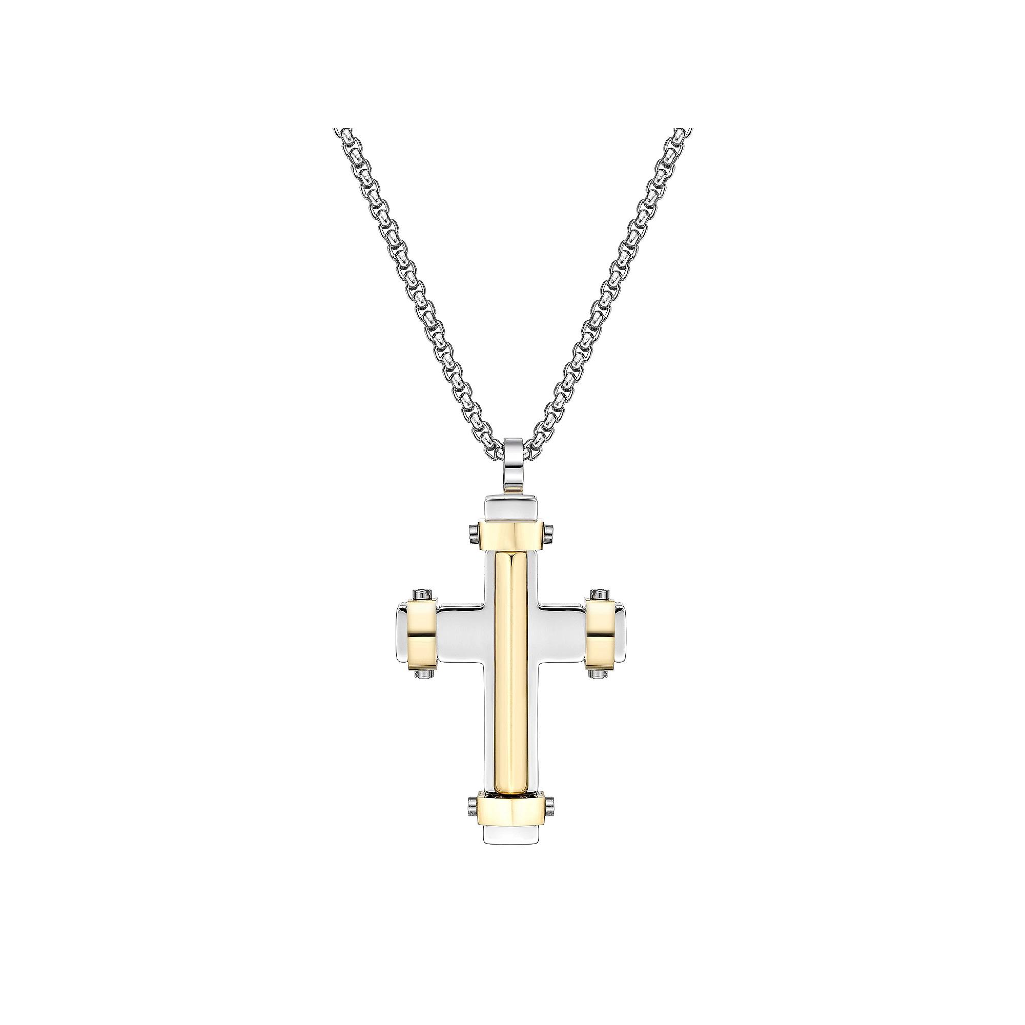 LYNX Men's Gold Tone Ion-Plated Stainless Steel Cross Pendant Necklace, Size: 24", Two Tone Product Image
