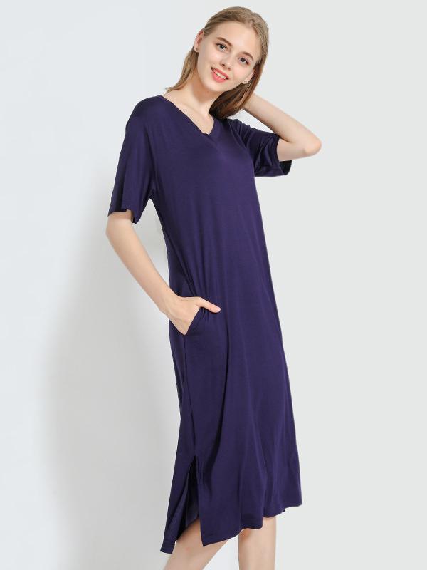 Simple Short Sleeves Loose Split-Side Solid Color V-Neck Pajamas Dress Product Image