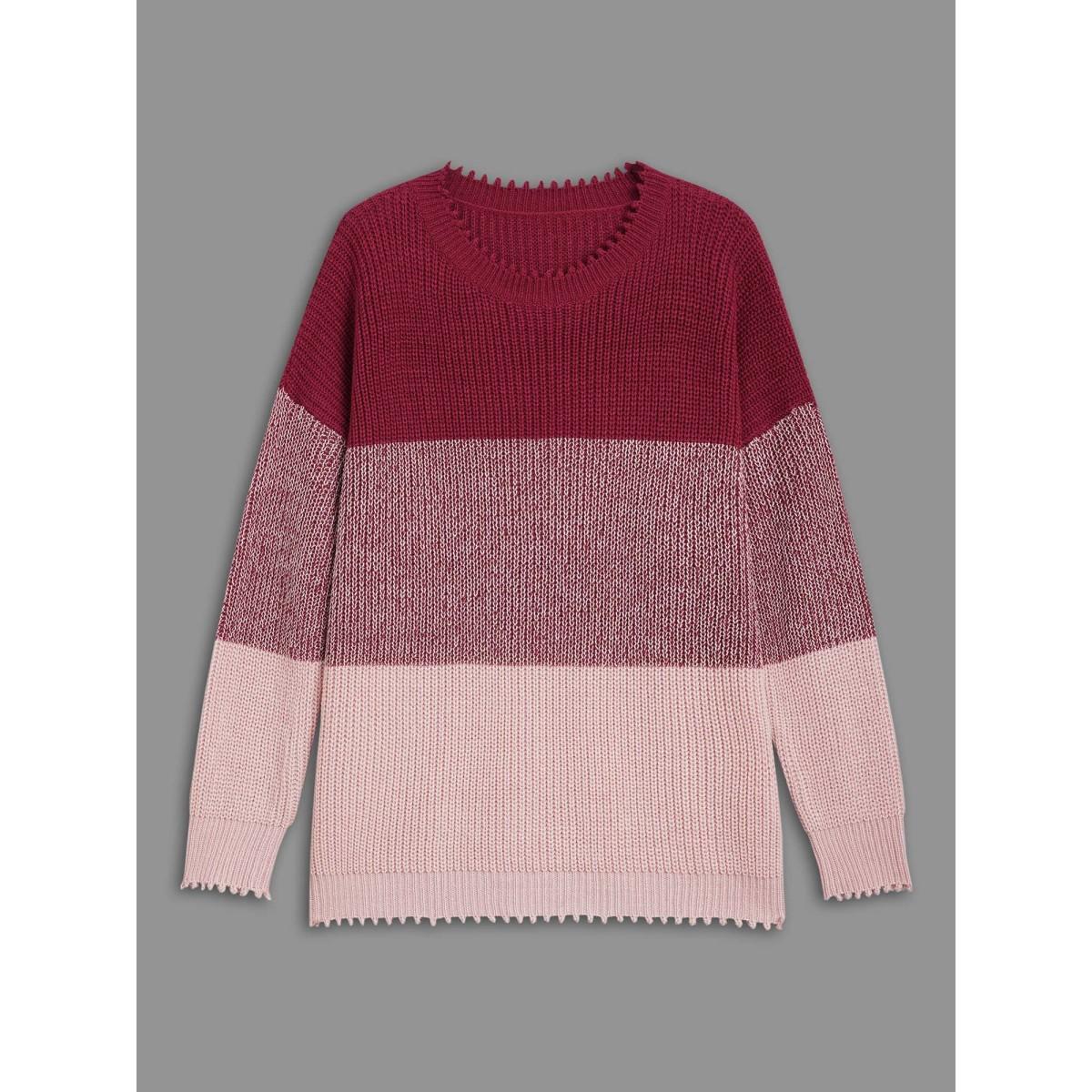 Plus Size Color Block Texture Round Neck Pullover Rosered Women Casual Loose Long Sleeve Round Neck Everyday Pullovers BloomChic 30/6X Product Image