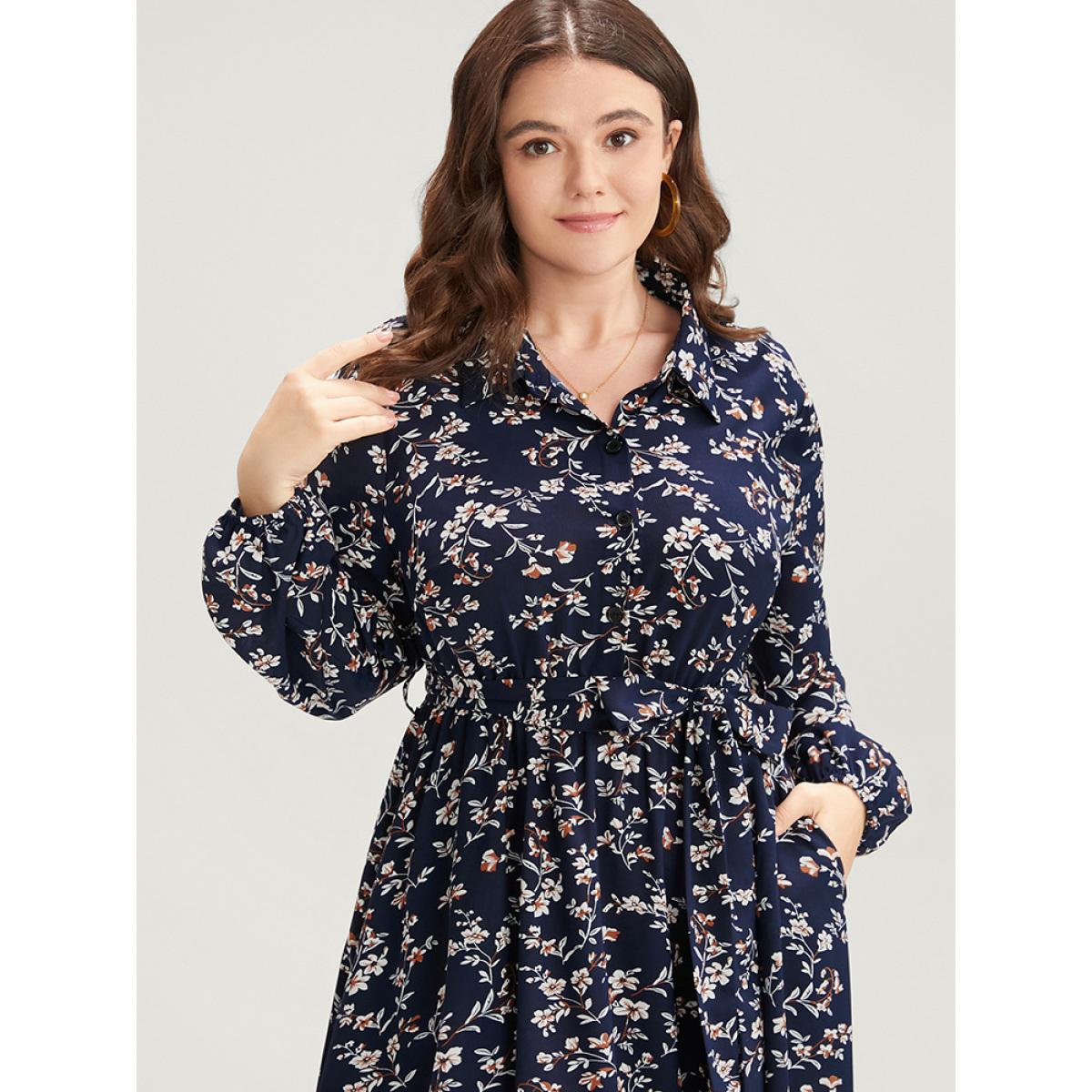 Plus Size Ditsy Floral Pocket Lantern Sleeve Belted Shirt Collar Dress Navy Women Elegant Button Shirt collar Long Sleeve Curvy Midi Dress BloomChic 26/4X Product Image