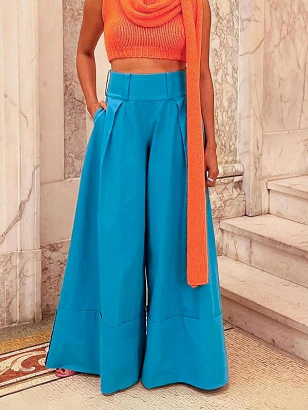 High Waisted Loose Pockets Solid Color Pants Trousers Product Image
