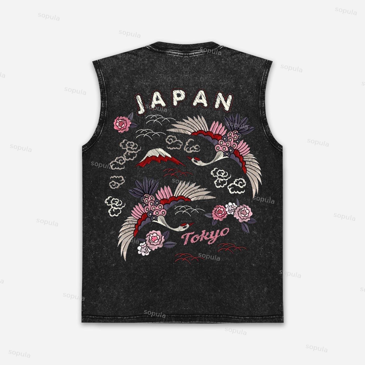 Vintage Sakura Crane Tokyo Graphic Acid Washed Tank Top Product Image