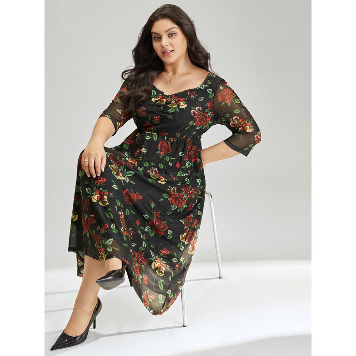 Plus Size Floral Square Neck Mesh Gathered Dress Black Women Office Gathered Square Neck Half Sleeve Curvy Midi Dress BloomChic 22-24/3X Product Image