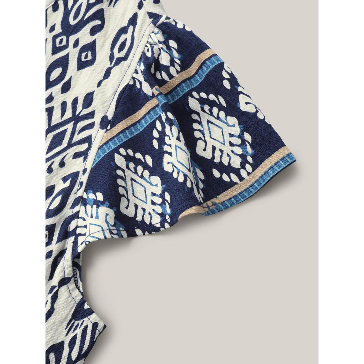 Plus Size Indigo Boho Print High-Low Hem Shirt Women Boho Cap Sleeve V-neck Vacation Blouses BloomChic 26/4X Product Image