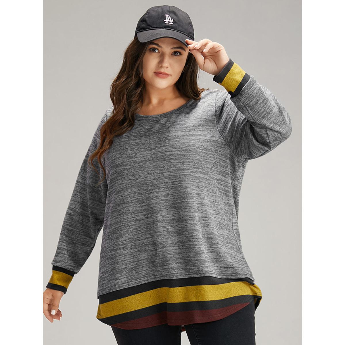 Plus Size Striped Heather Patchwork Curved Hem Sweatshirt Women Gray Casual Contrast Round Neck Dailywear Sweatshirts BloomChic 12/L Product Image