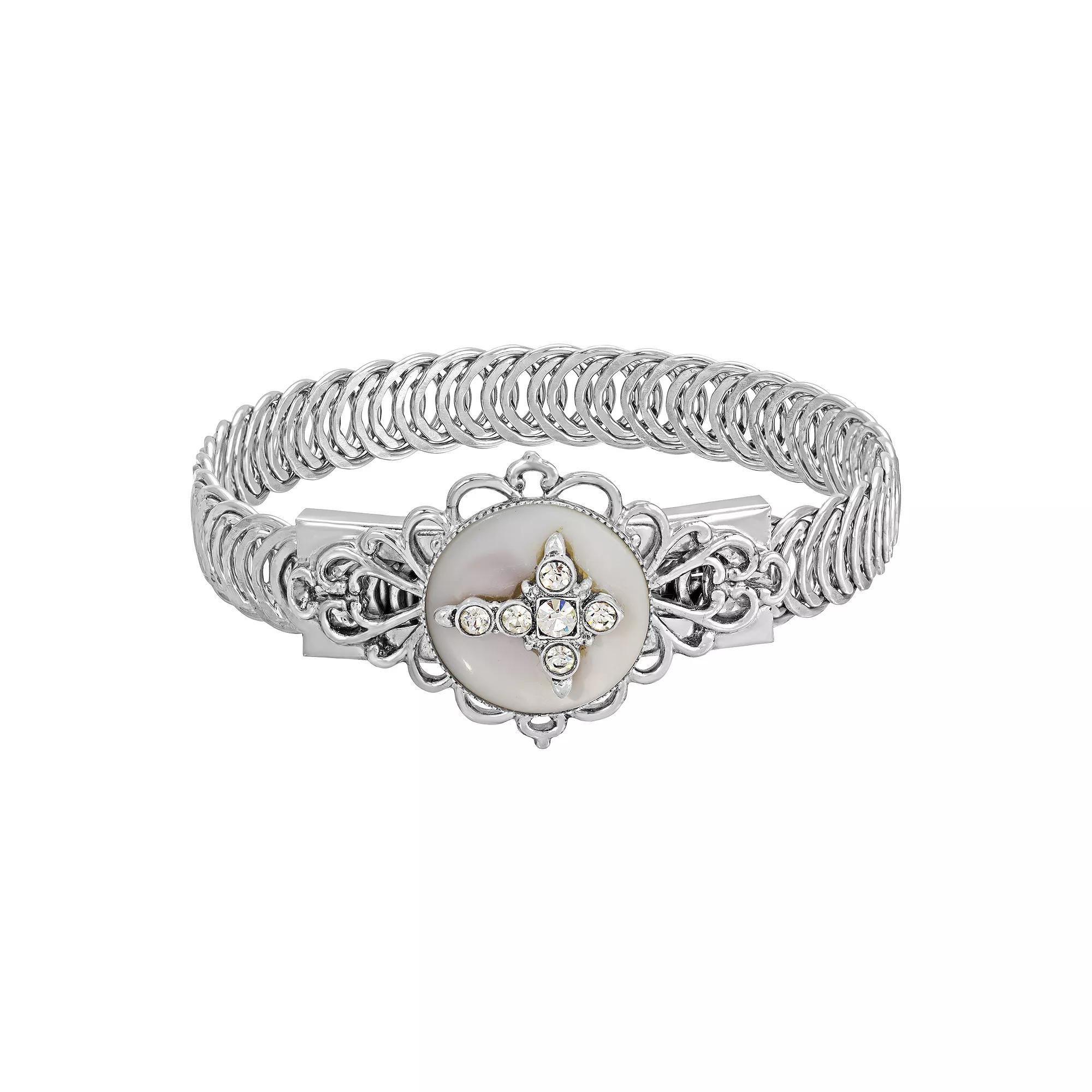 Symbols of Faith Pewter Crystal Cross with Mother of Pearl Belt Bracelet, Womens, White Product Image