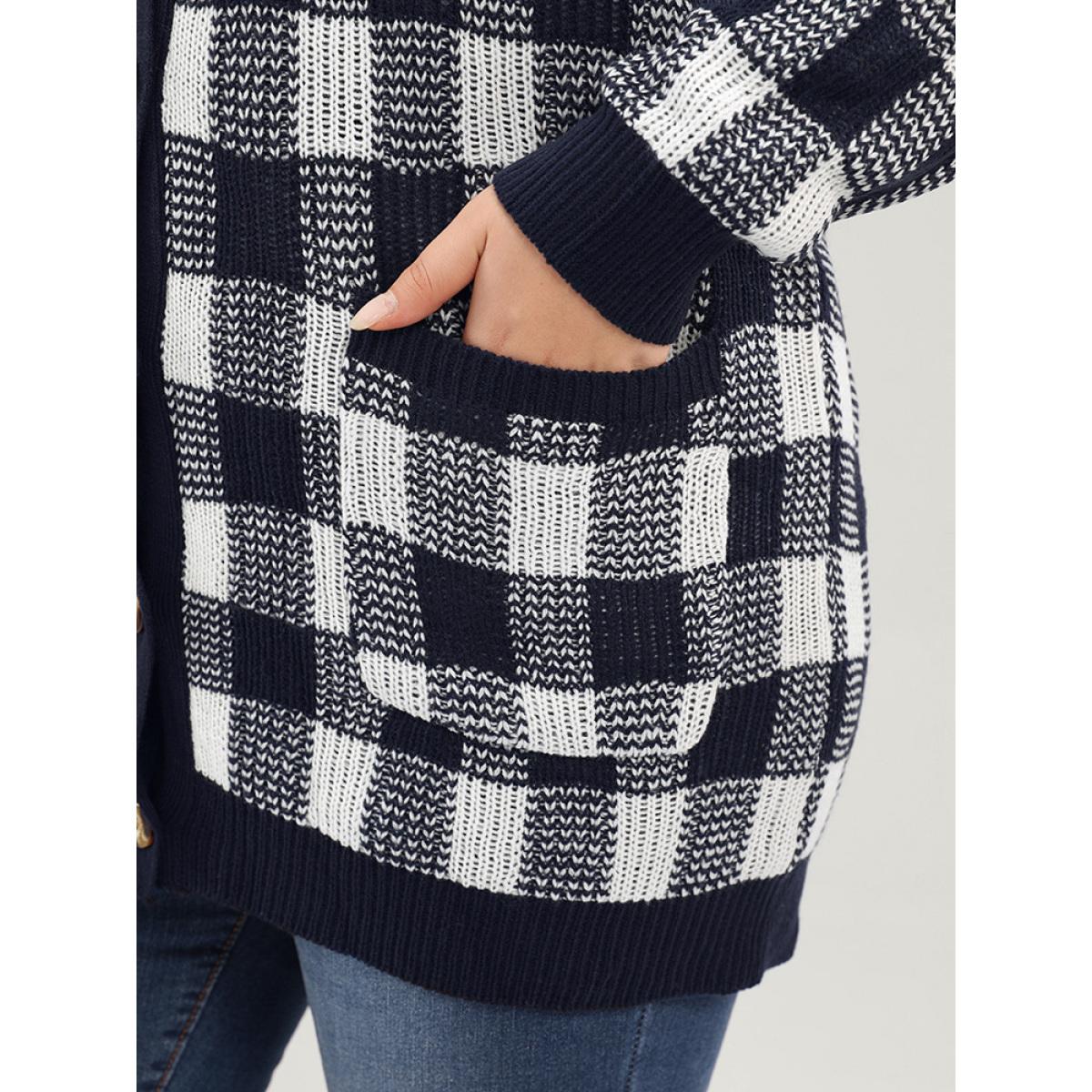 Plus Size Plaid Pointelle Knit Pocket Button Front Cardigan Midnight Women Elegant Loose Long Sleeve Dailywear Cardigans BloomChic 28/5X Product Image