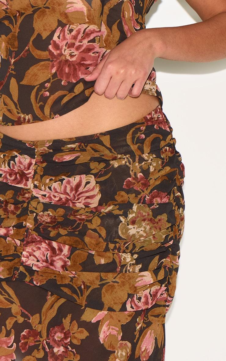 Plus Black Floral Printed Chiffon Ruched Detail Maxi Skirt Product Image